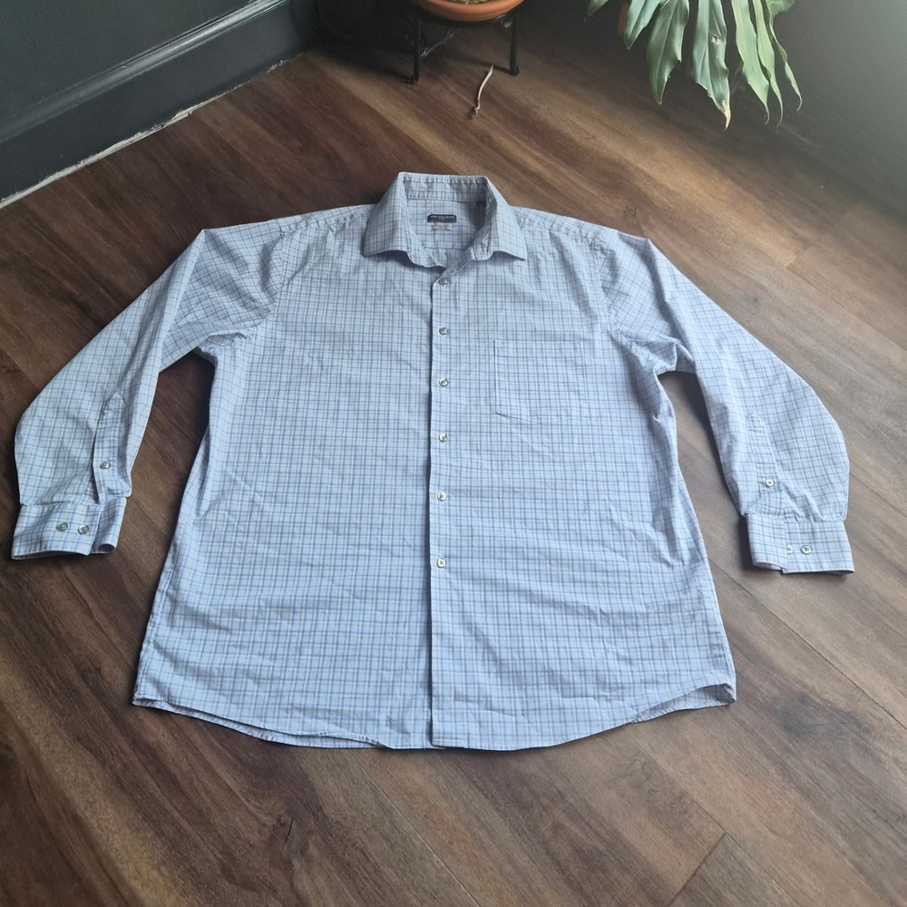 Van Heusen Flex Regular Fit Plaid Dress Shirt Mens 16.5 32/33 Blue Tan Stretch